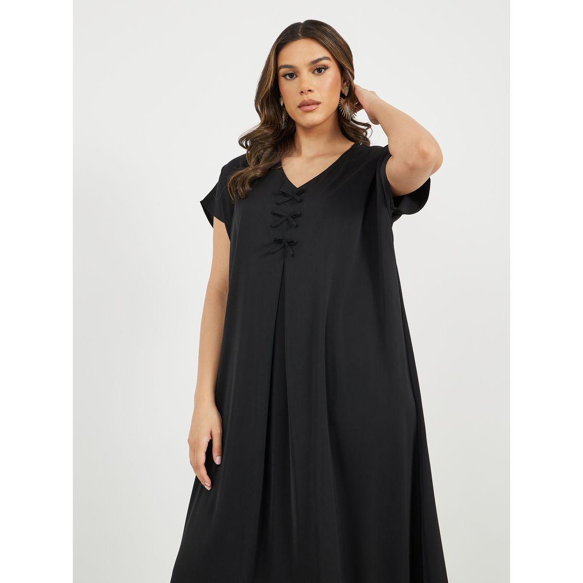 Styli Solid V Neck Jalabyia with Bow Detail-women-arabicclothing-jalabiyas-image-4