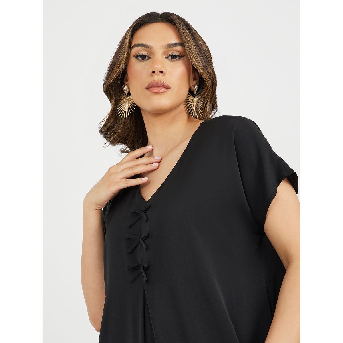 Styli Solid V Neck Jalabyia with Bow Detail-women-arabicclothing-jalabiyas-image-5