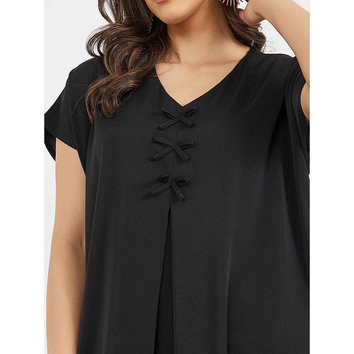 Styli Solid V Neck Jalabyia with Bow Detail-women-arabicclothing-jalabiyas-image-6