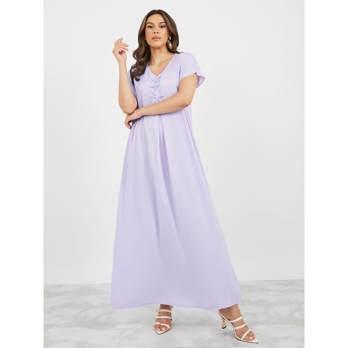 Styli Solid V Neck Jalabyia with Bow Detail-women-arabicclothing-jalabiyas-image-3