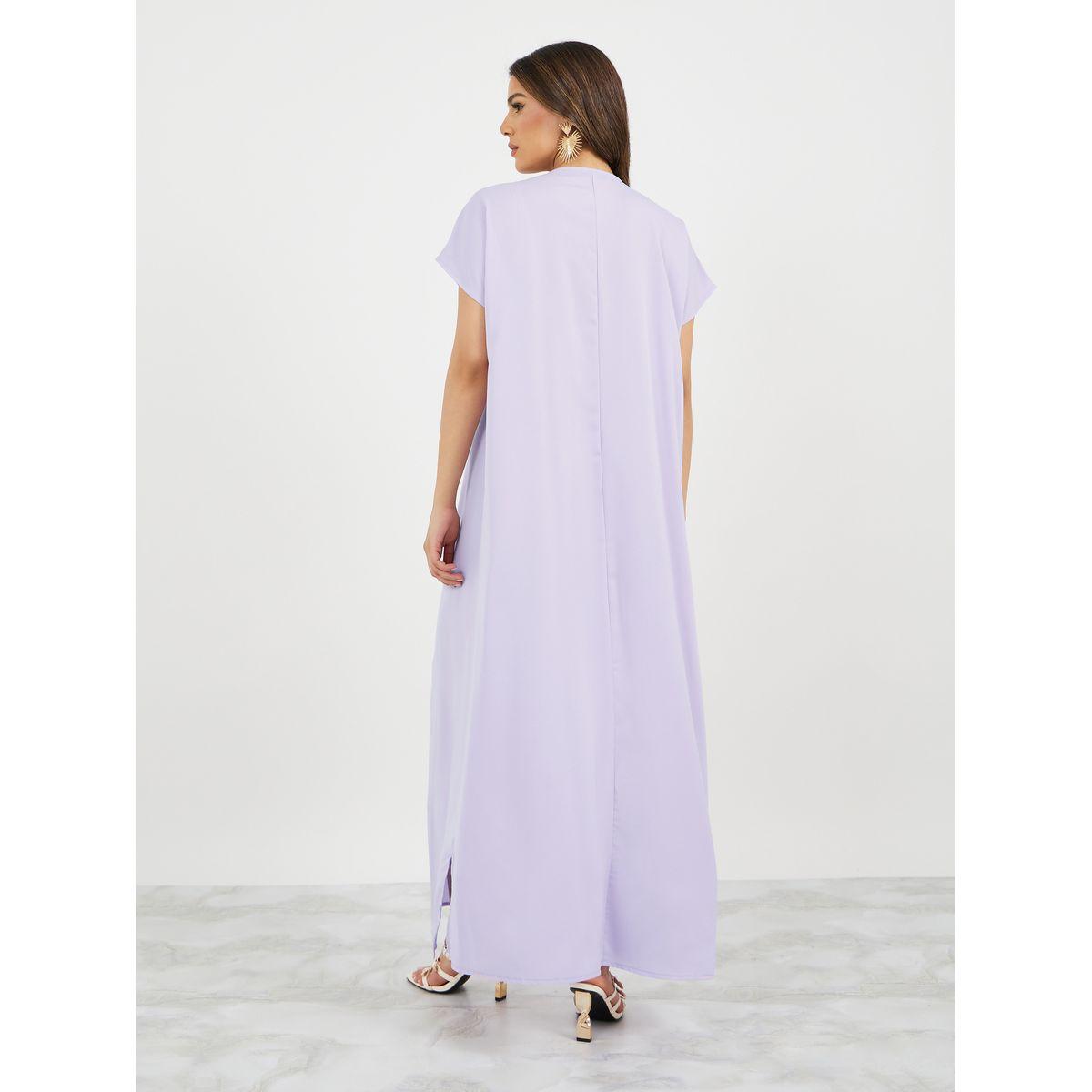 Styli Solid V Neck Jalabyia with Bow Detail-women-arabicclothing-jalabiyas-image-6
