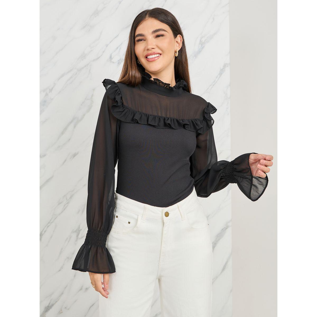 Styli Ruffle High Neck Flute Sleeves Top-women-clothing-shirtsandblouses-blouses-image-1