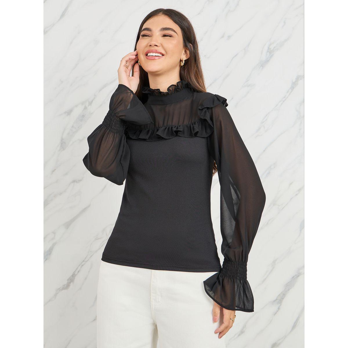 Styli Ruffle High Neck Flute Sleeves Top-women-clothing-shirtsandblouses-blouses-image-3
