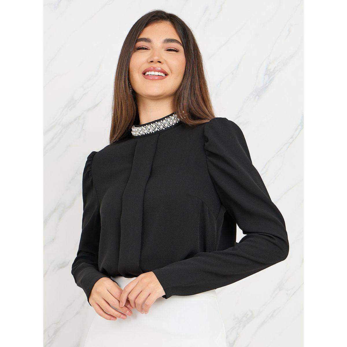 Styli Embellished High Neck Pleated Blouse-women-clothing-shirtsandblouses-blouses-image-1