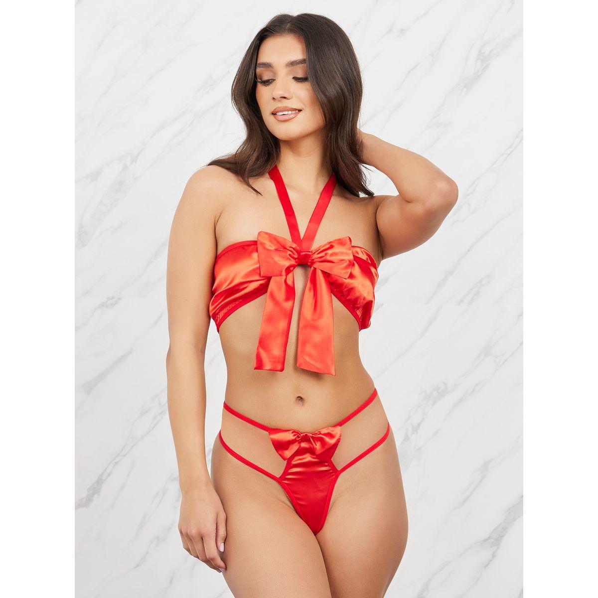 Styli Satin Bow Halter Neck Bra and Thong Set-women-clothing-lingerie-lingeriesets-image-1