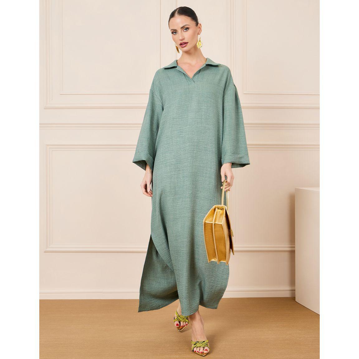 Styli Textured Collared Jalabiya with Side Slit-women-arabicclothing-jalabiyas-image-1
