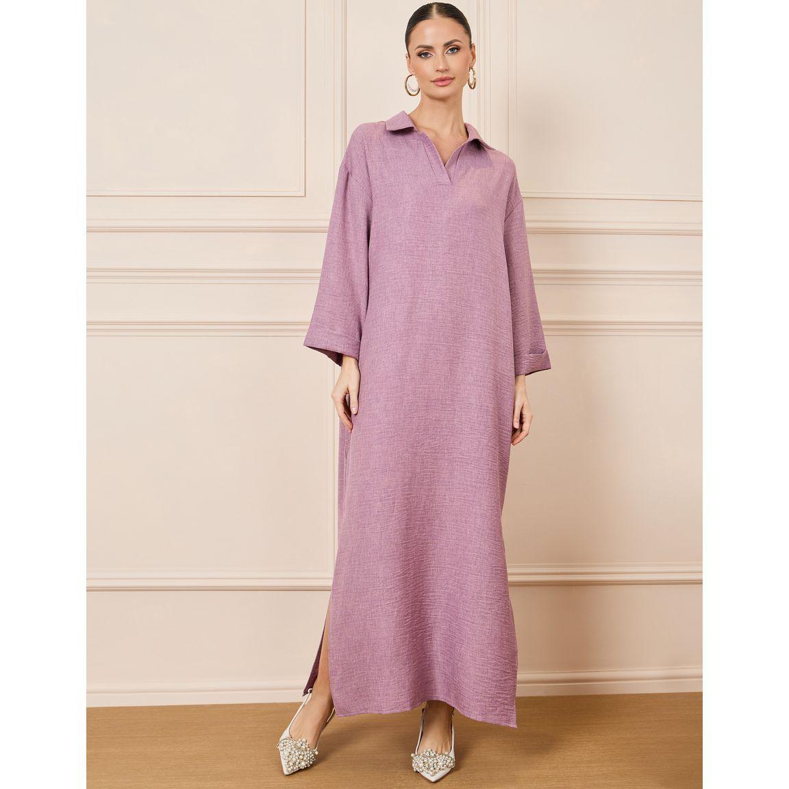 Styli Melange Collared Jalabiya with Side Slit-women-arabicclothing-jalabiyas-image-1
