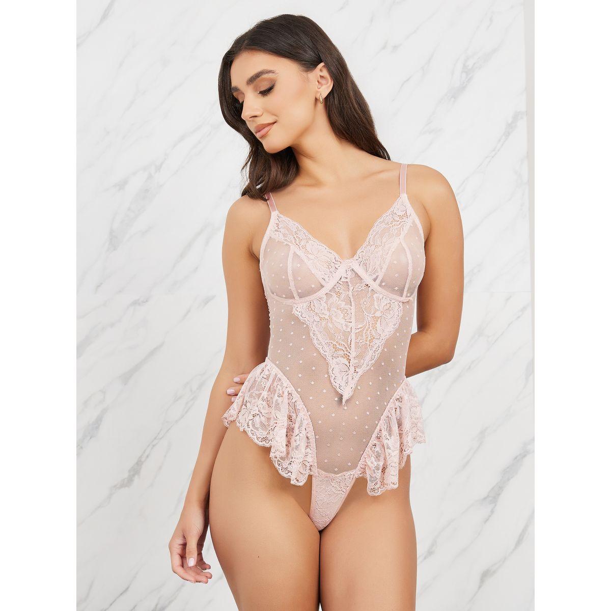 بودي سوت بتفاصيل شبكية ودانتيل مع كشكش-women-clothing-lingerie-corsets-image-1