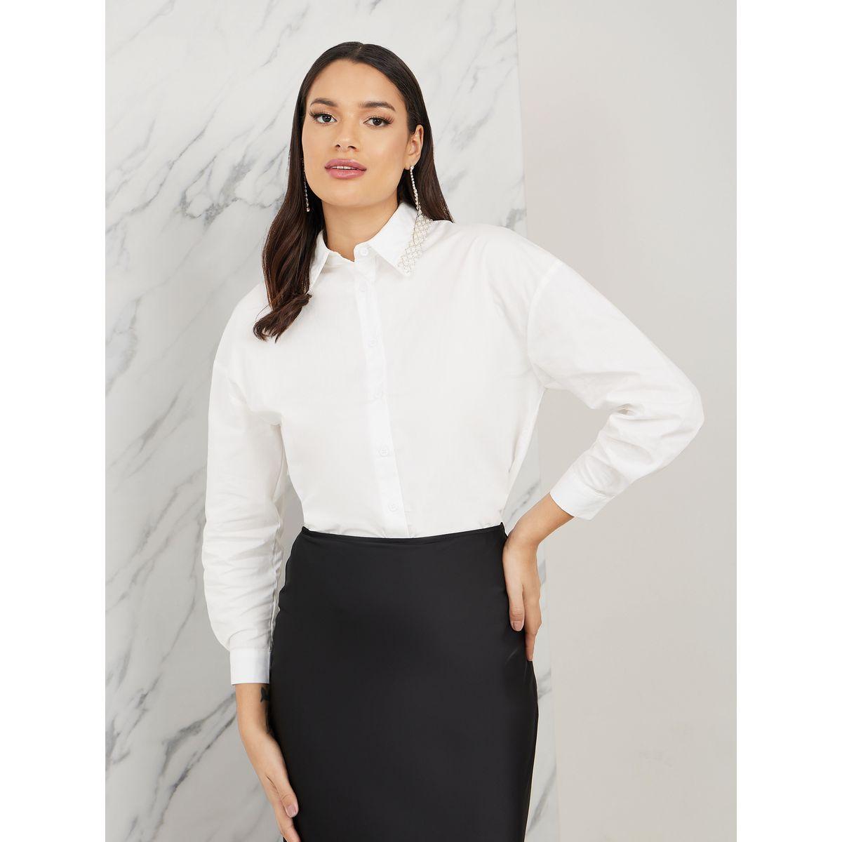 بلوزة بوبلين باكتاف منخفضة وازرار غلق-women-clothing-shirtsandblouses-shirts-image-1