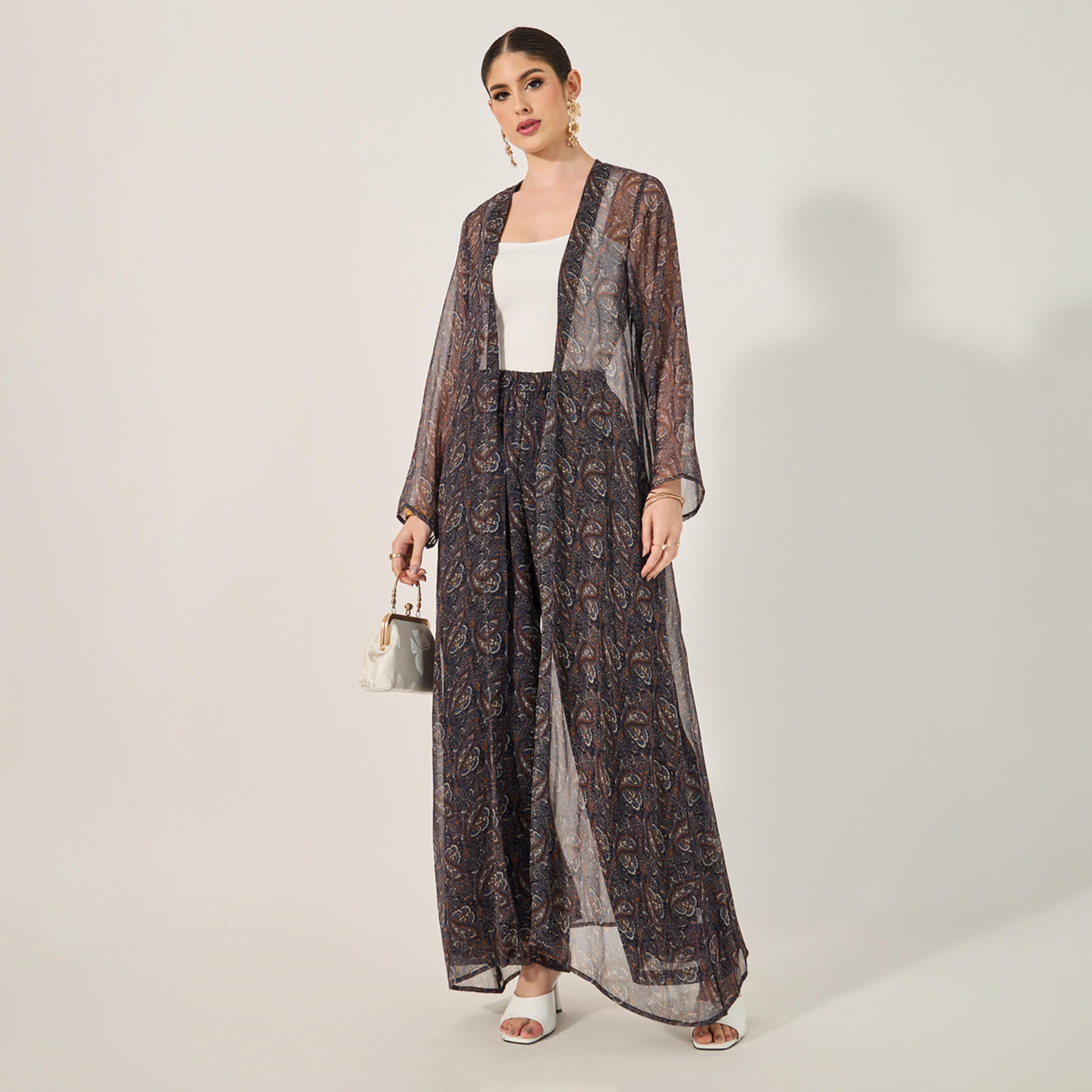 ستايلي - طقم عباية مطبوعة مع توب داخلي وبنطال-women-arabicclothing-abayas-image-1