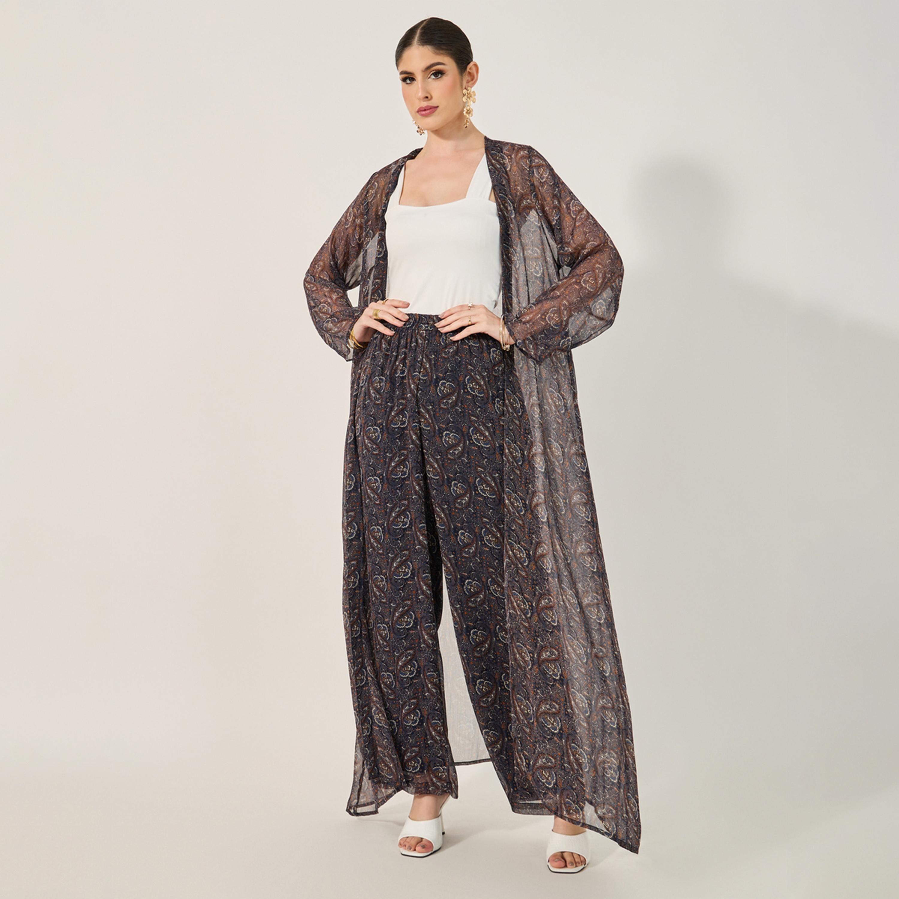 ستايلي - طقم عباية مطبوعة مع توب داخلي وبنطال-women-arabicclothing-abayas-image-2
