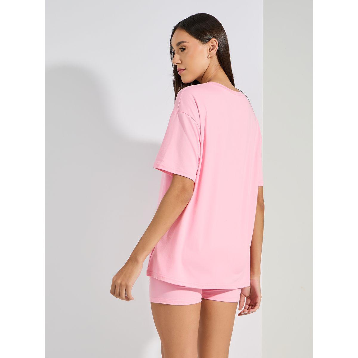 مجموعة من شورت مع تيشيرت مطبع بكتابة-women-clothing-coordsets-image-5