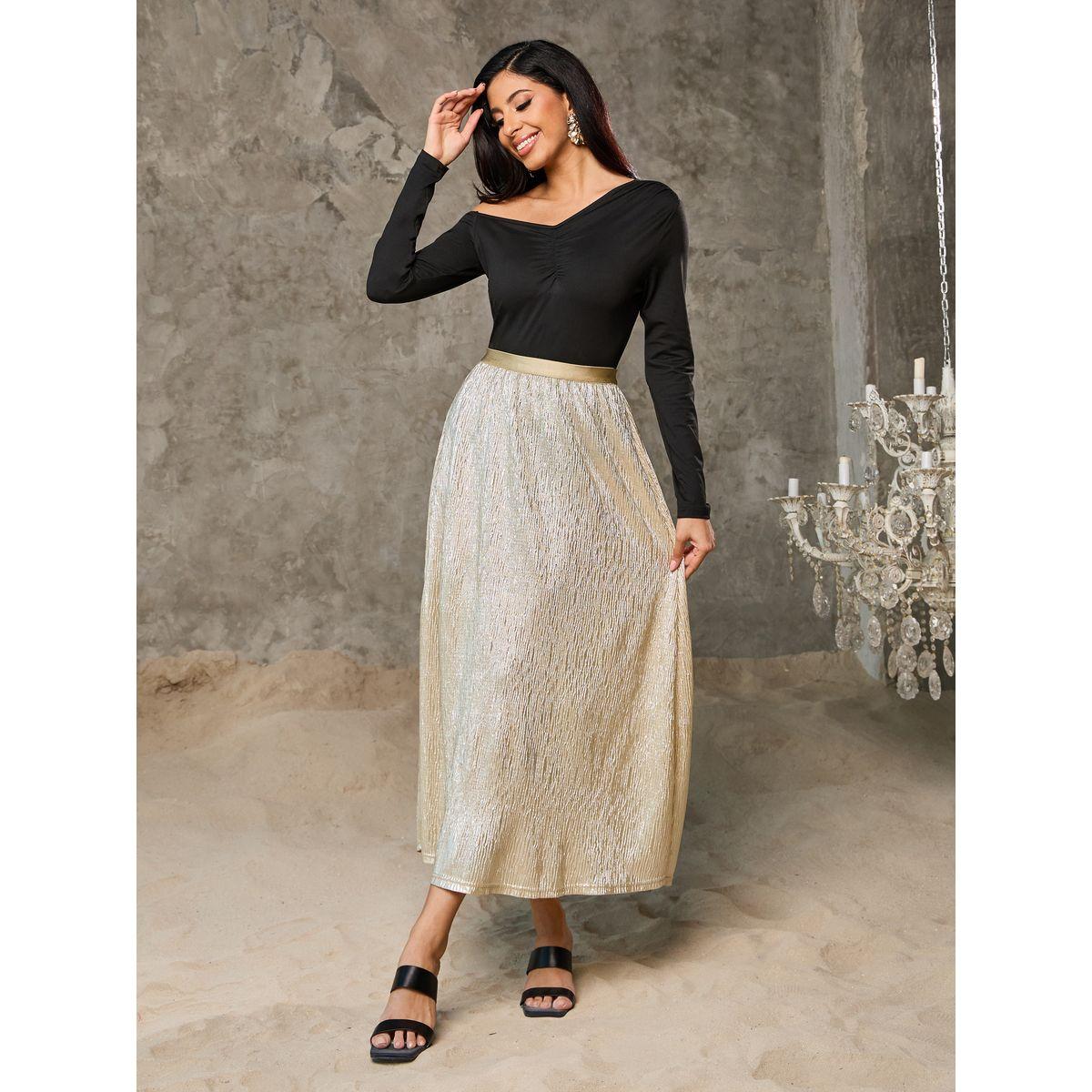 تنورة طويلة بتفاصيل براقة وبارزة الملمس-women-clothing-bottoms-skirts-image-2