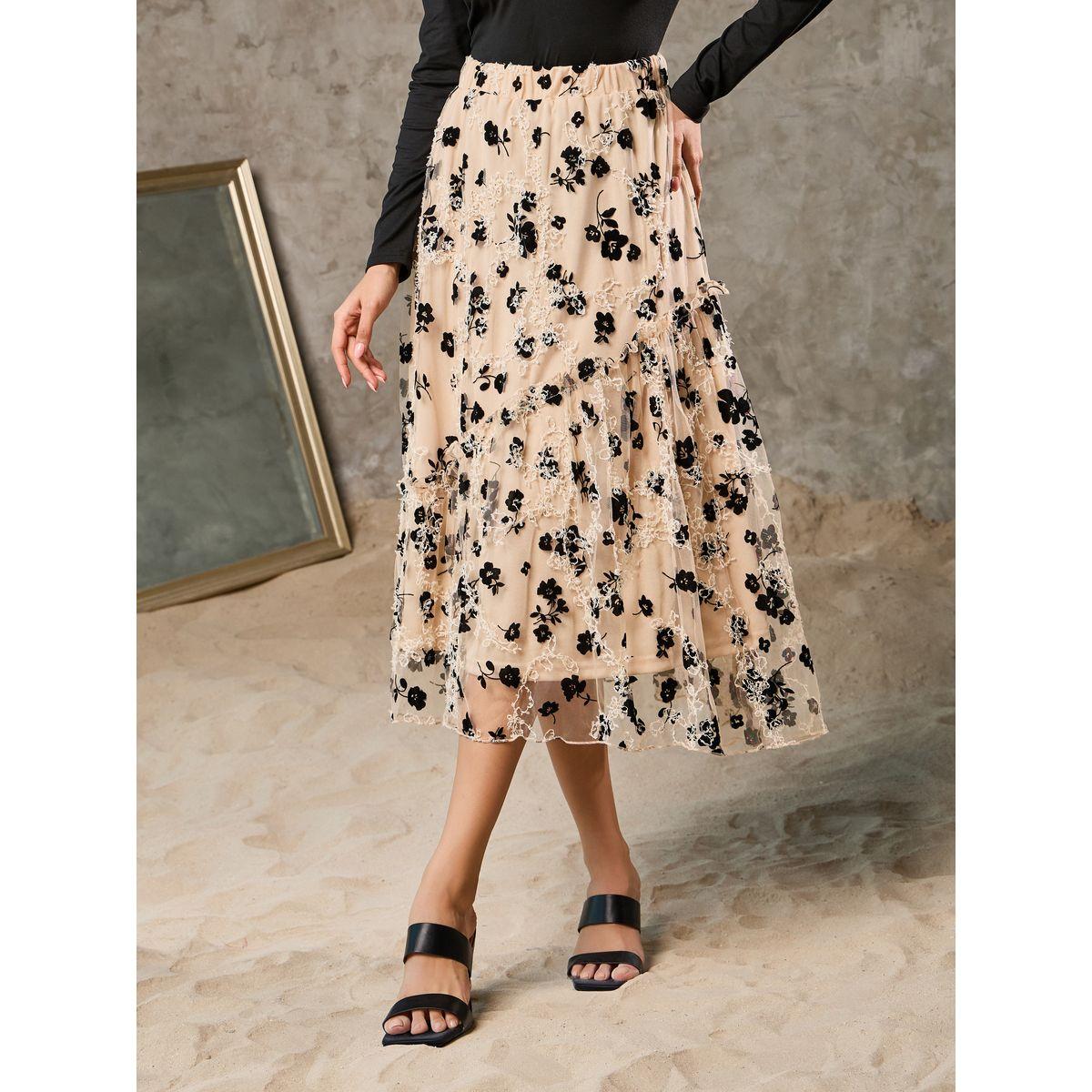 تنورة ميدي مُطرّز بزهور مع تفاصيل شبكية-women-clothing-bottoms-skirts-image-1