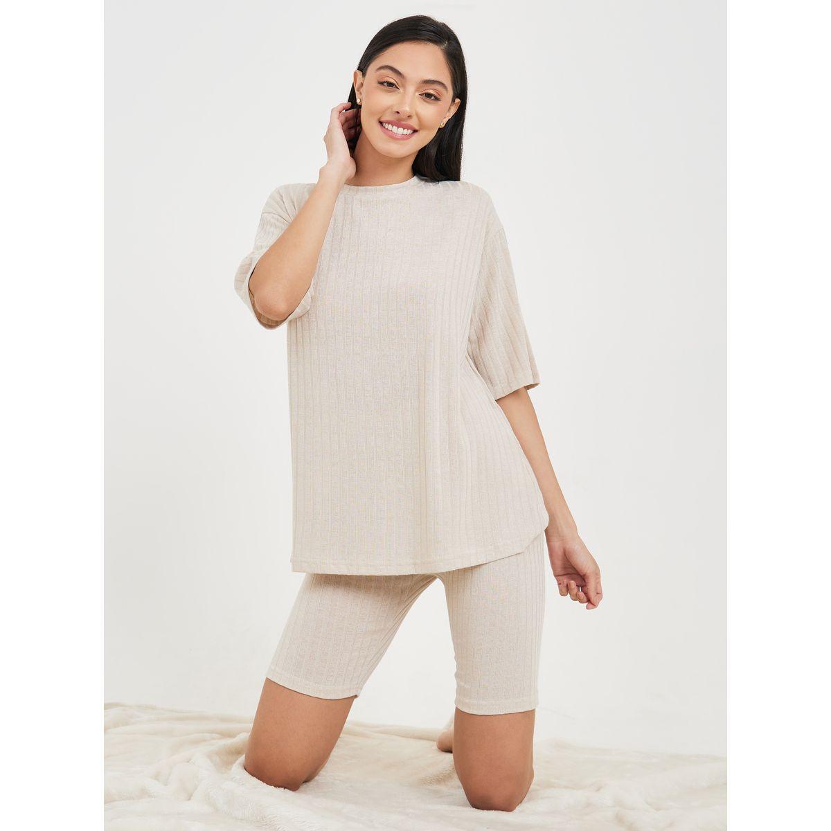 Styli Unwind Ribbed Drop Shoulder T-shirt and Cycling Short Lounge Set-women-clothing-coordsets-image-1