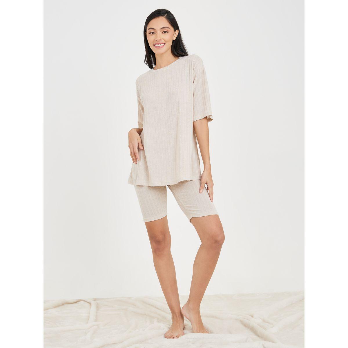 Styli Unwind Ribbed Drop Shoulder T-shirt and Cycling Short Lounge Set-women-clothing-coordsets-image-2