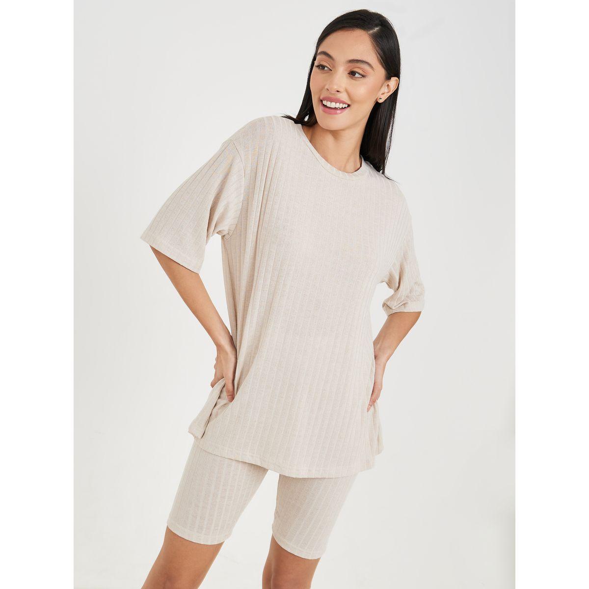 Styli Unwind Ribbed Drop Shoulder T-shirt and Cycling Short Lounge Set-women-clothing-coordsets-image-3