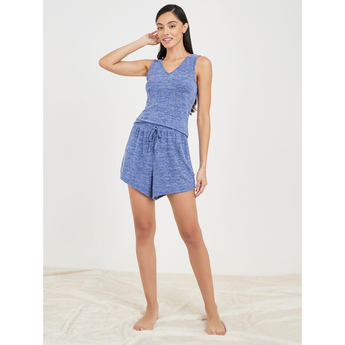 Styli Unwind Melange Ribbed Vest and Drawstring Waist Short Set-women-clothing-nightwear-pyjamas-shortsets-image-1