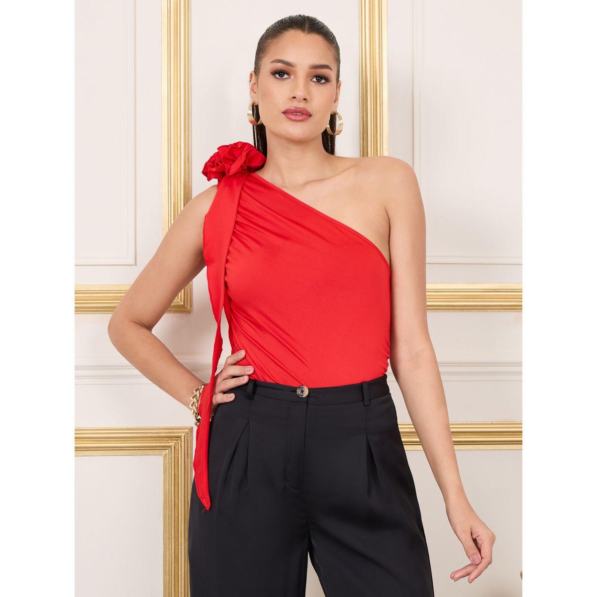 Styli Floral Corsage One Shoulder Ruched Detail Knit Top-women-clothing-shirtsandblouses-blouses-image-1