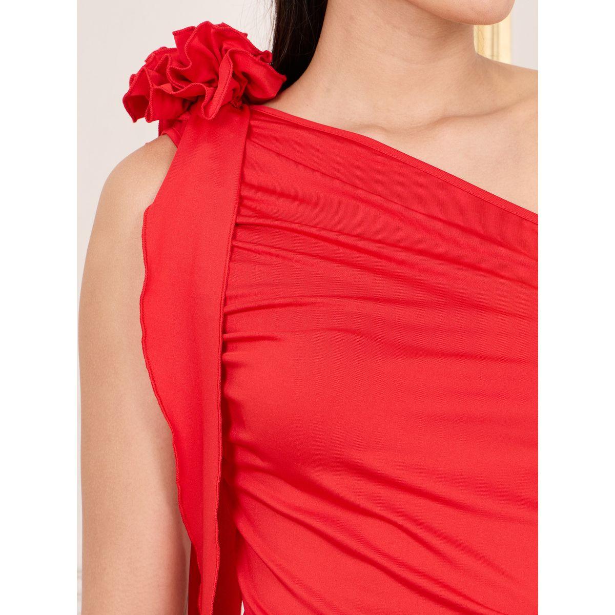 Styli Floral Corsage One Shoulder Ruched Detail Knit Top-women-clothing-shirtsandblouses-blouses-image-4