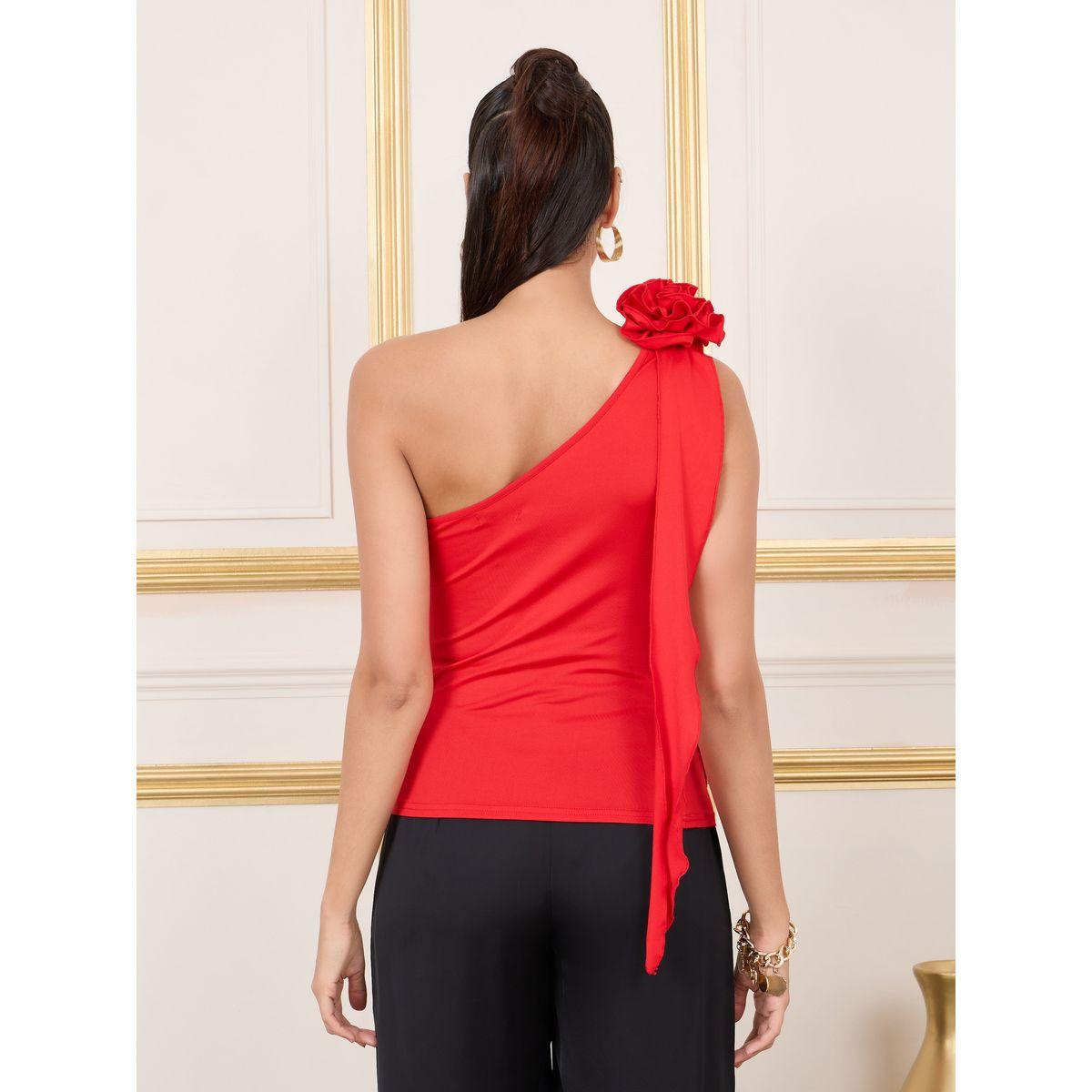 Styli Floral Corsage One Shoulder Ruched Detail Knit Top-women-clothing-shirtsandblouses-blouses-image-5