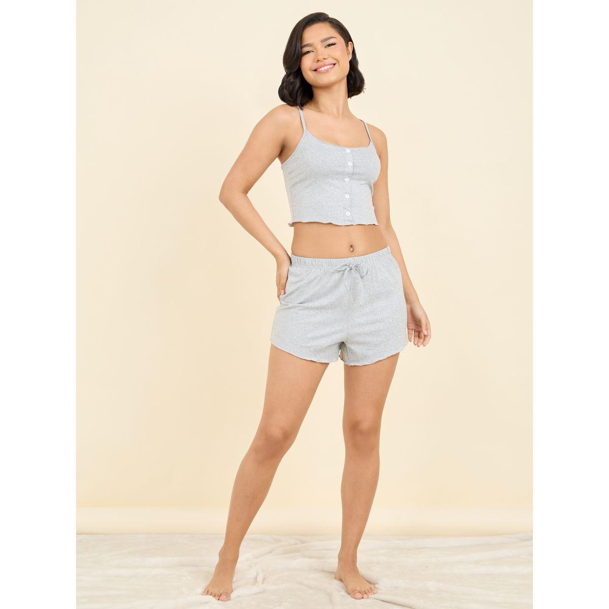 Styli Unwind Melange Lettuce Hem Button Through Cami and Short Set-women-clothing-nightwear-pyjamas-shortsets-image-1
