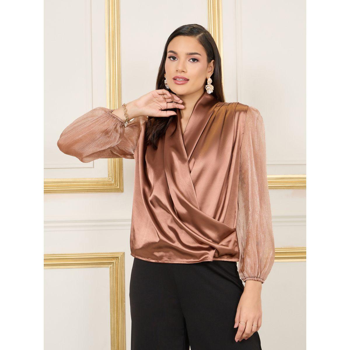 Styli Organza Sleeves Satin Cowl Neck Wrap Top-women-clothing-shirtsandblouses-blouses-image-2