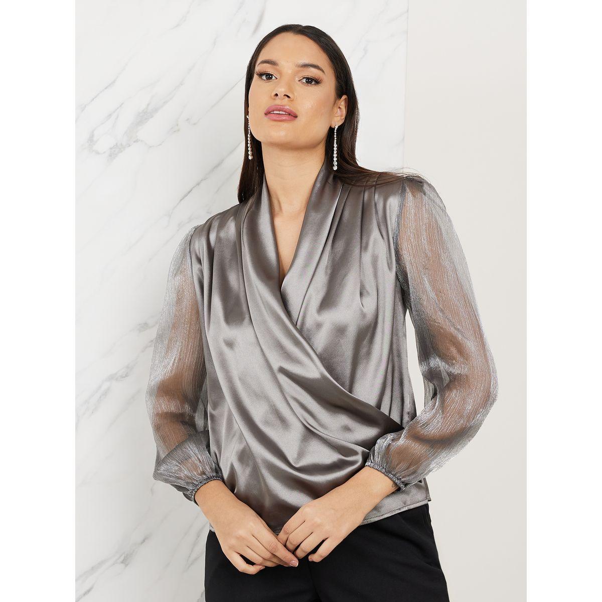 بلوزة ساتان باكمام اورجانزا وياقة منسدلة-women-clothing-shirtsandblouses-blouses-image-3