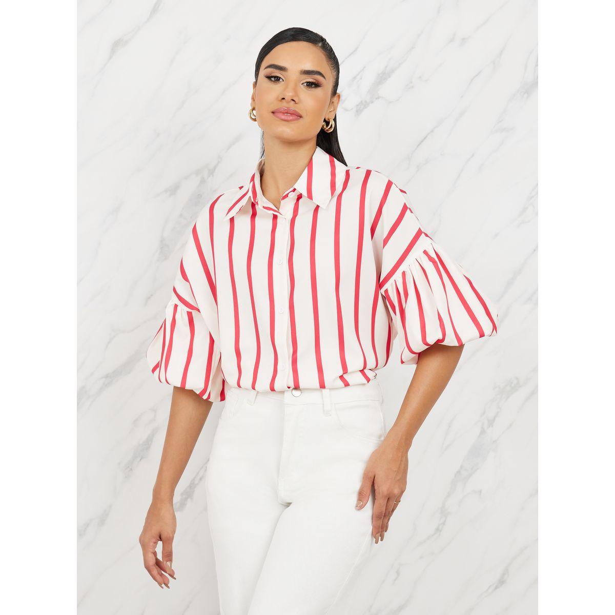 Styli Striped Button Front Balloon Sleeve Shirt-women-clothing-shirtsandblouses-shirts-image-1