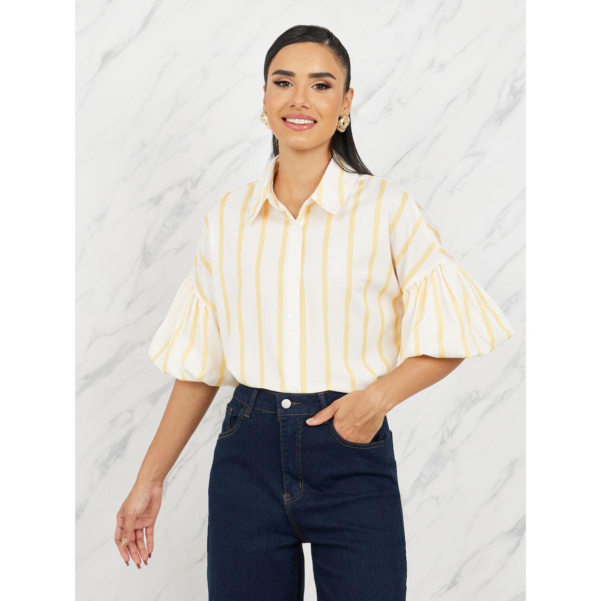Styli Striped Button Front Balloon Sleeve Shirt-women-clothing-shirtsandblouses-shirts-image-1