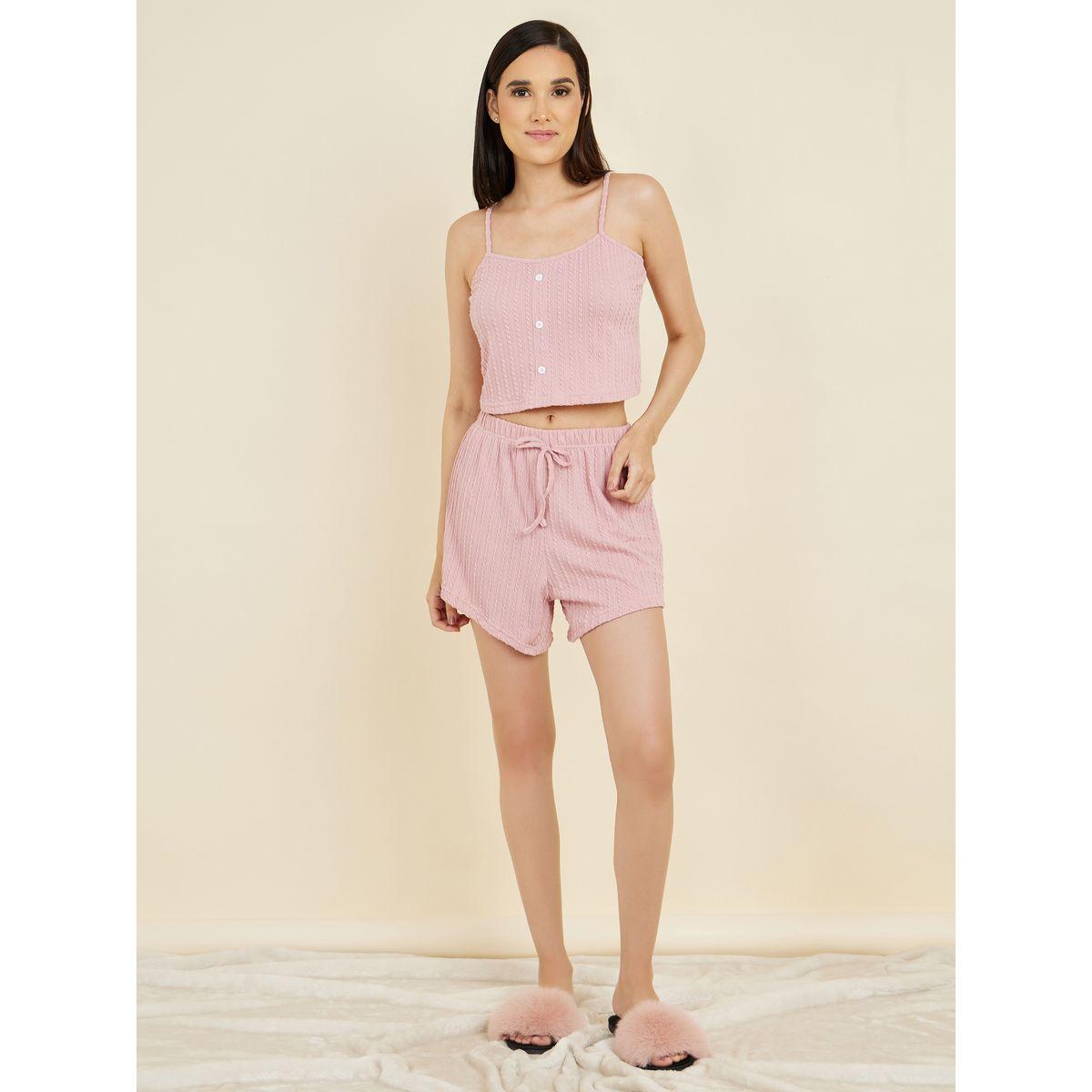 Styli Unwind Textured Button Placket Rib Cami & Shorts Set-women-clothing-nightwear-pyjamas-shortsets-image-1