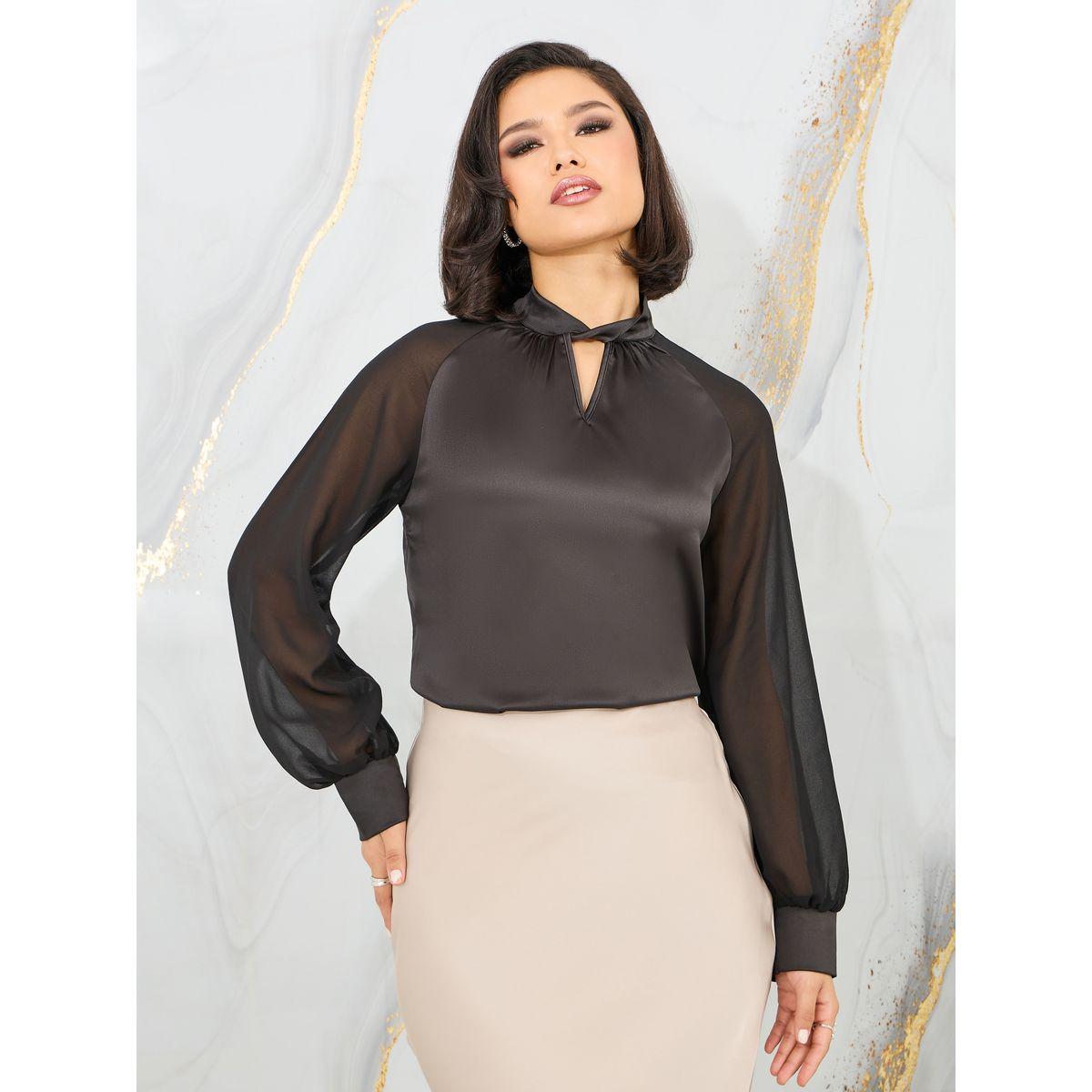 Styli Satin Twist Detail High Neck Sheer Sleeves Blouse-women-clothing-shirtsandblouses-blouses-image-1