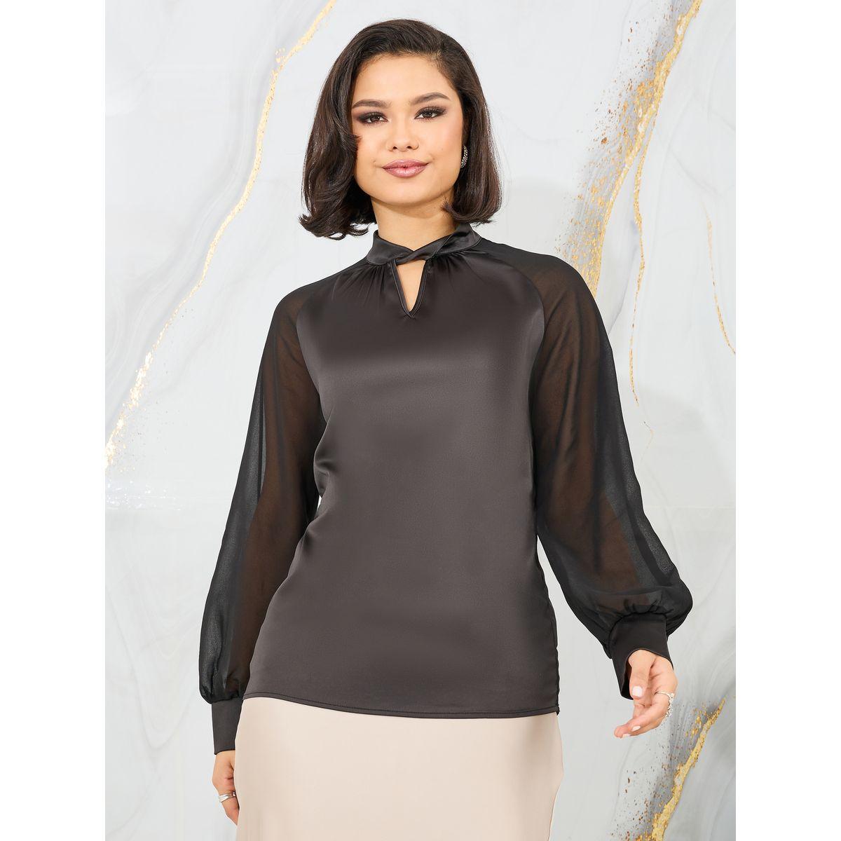 Styli Satin Twist Detail High Neck Sheer Sleeves Blouse-women-clothing-shirtsandblouses-blouses-image-2