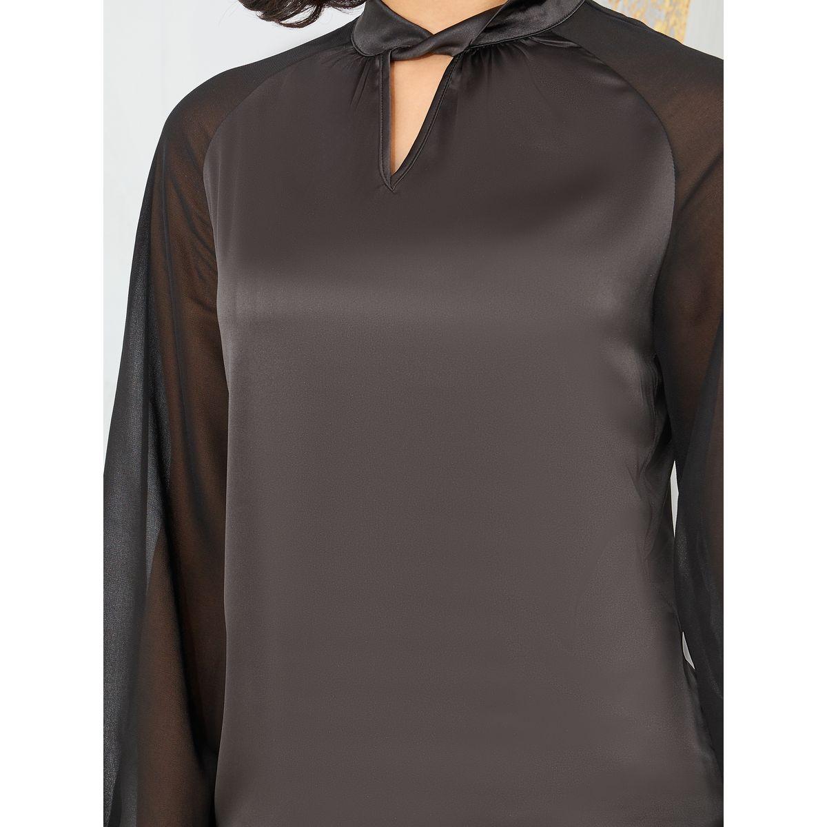Styli Satin Twist Detail High Neck Sheer Sleeves Blouse-women-clothing-shirtsandblouses-blouses-image-4