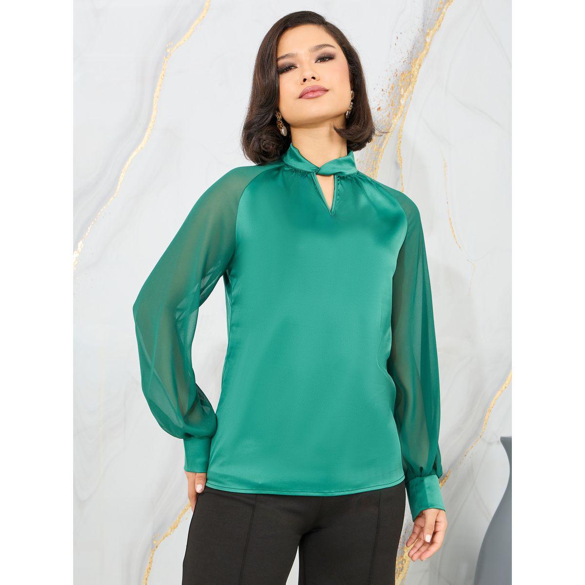 Styli Satin Twist Detail High Neck Sheer Sleeves Blouse-women-clothing-shirtsandblouses-blouses-image-2