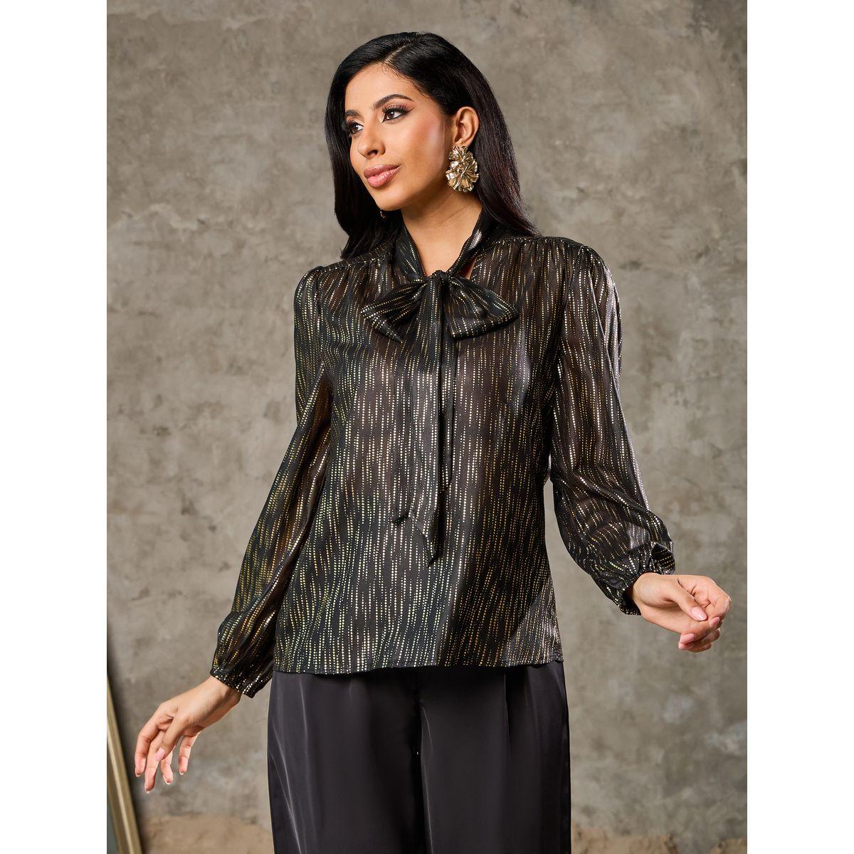 Styli Foil Print Tie Up Neck Blouse-women-clothing-shirtsandblouses-blouses-image-3