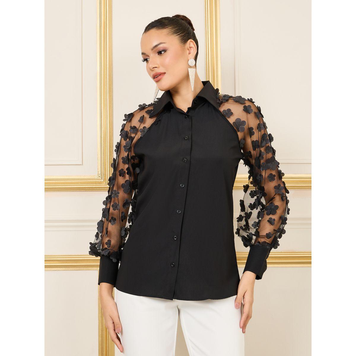 Styli Floral Applique Mesh Sleeves Regular Fit Shirt-women-clothing-shirtsandblouses-shirts-image-2