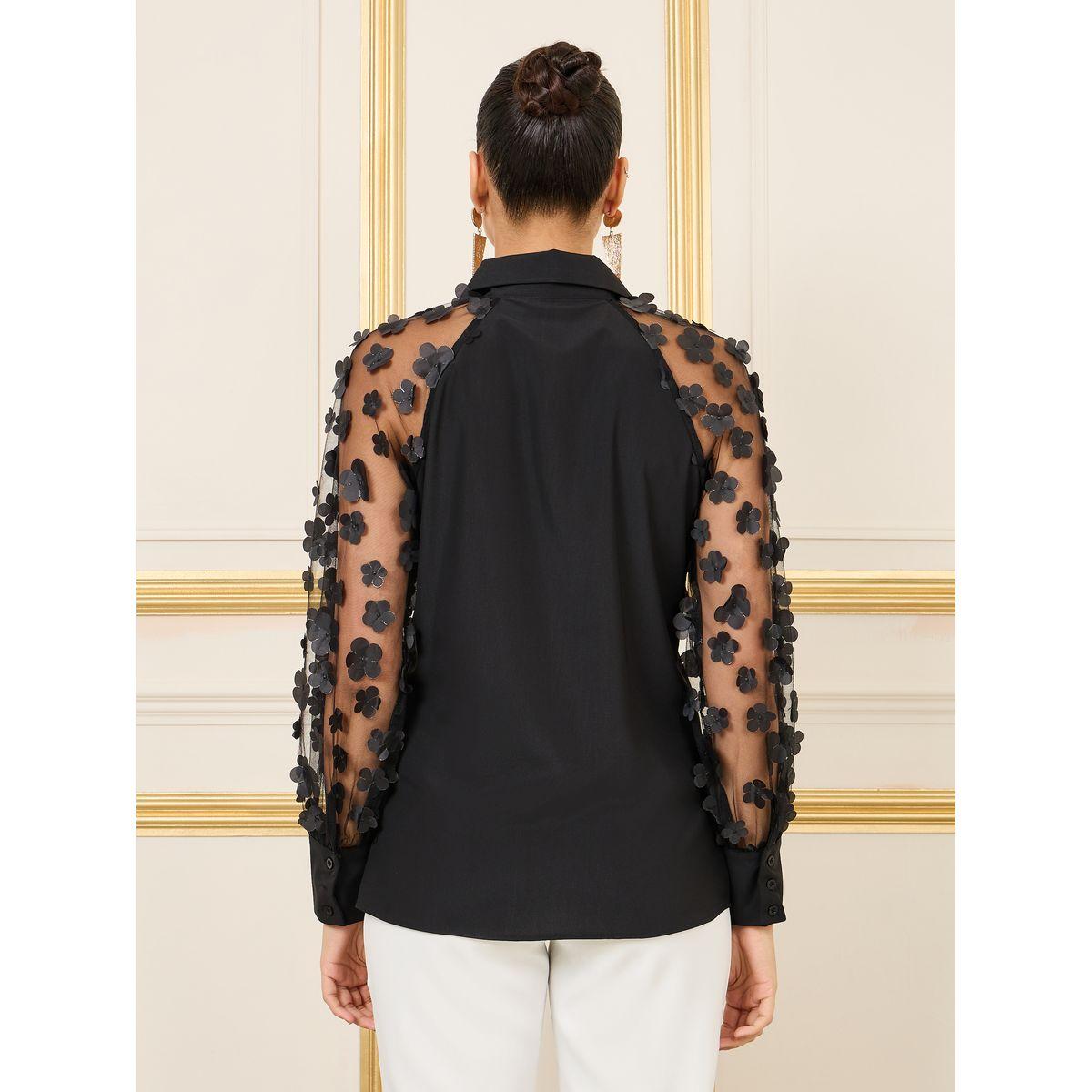 Styli Floral Applique Mesh Sleeves Regular Fit Shirt-women-clothing-shirtsandblouses-shirts-image-4