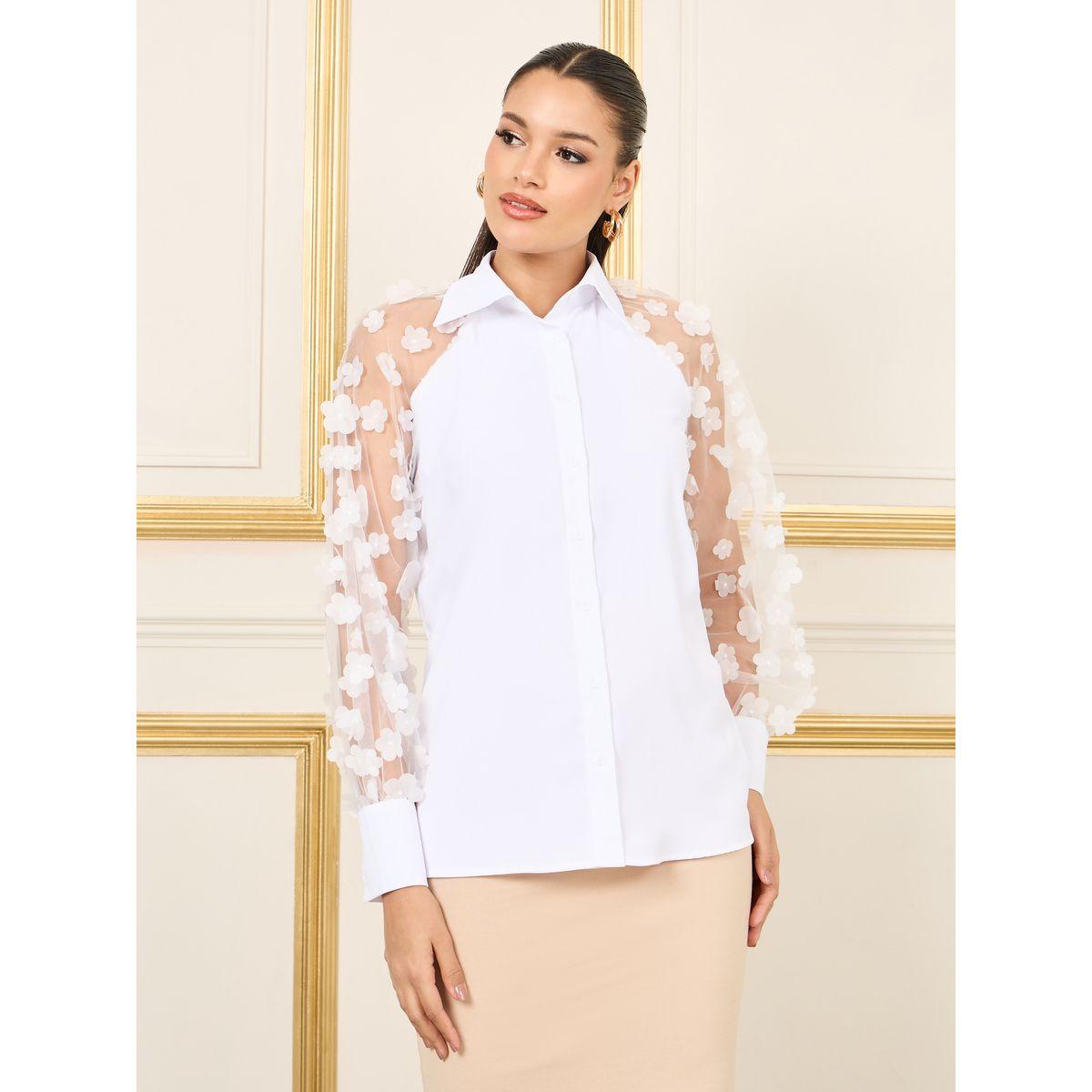 Styli Floral Applique Mesh Sleeves Regular Fit Shirt-women-clothing-shirtsandblouses-shirts-image-2