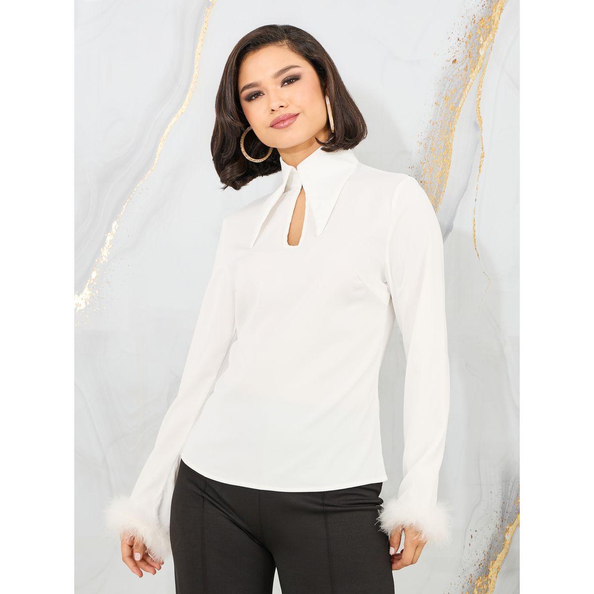 Styli Faux Fur Trim Sleeves Pointed Tip Collared Top-women-clothing-shirtsandblouses-blouses-image-2