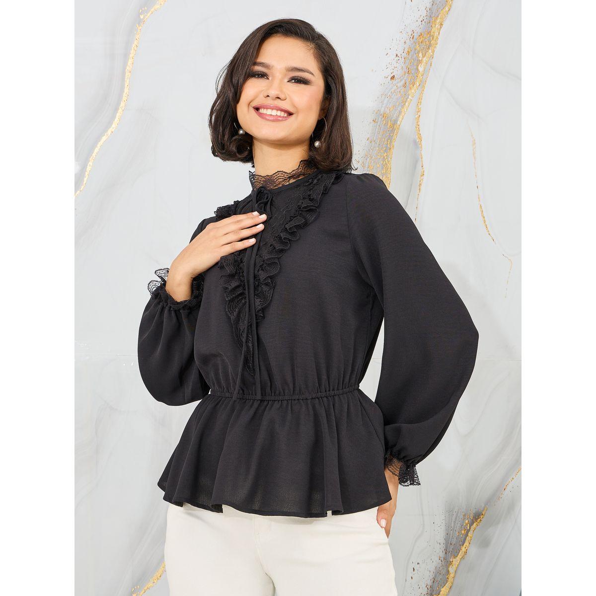 Styli Lace Trim High Neck Ruffle Detail Blouse-women-clothing-shirtsandblouses-blouses-image-1