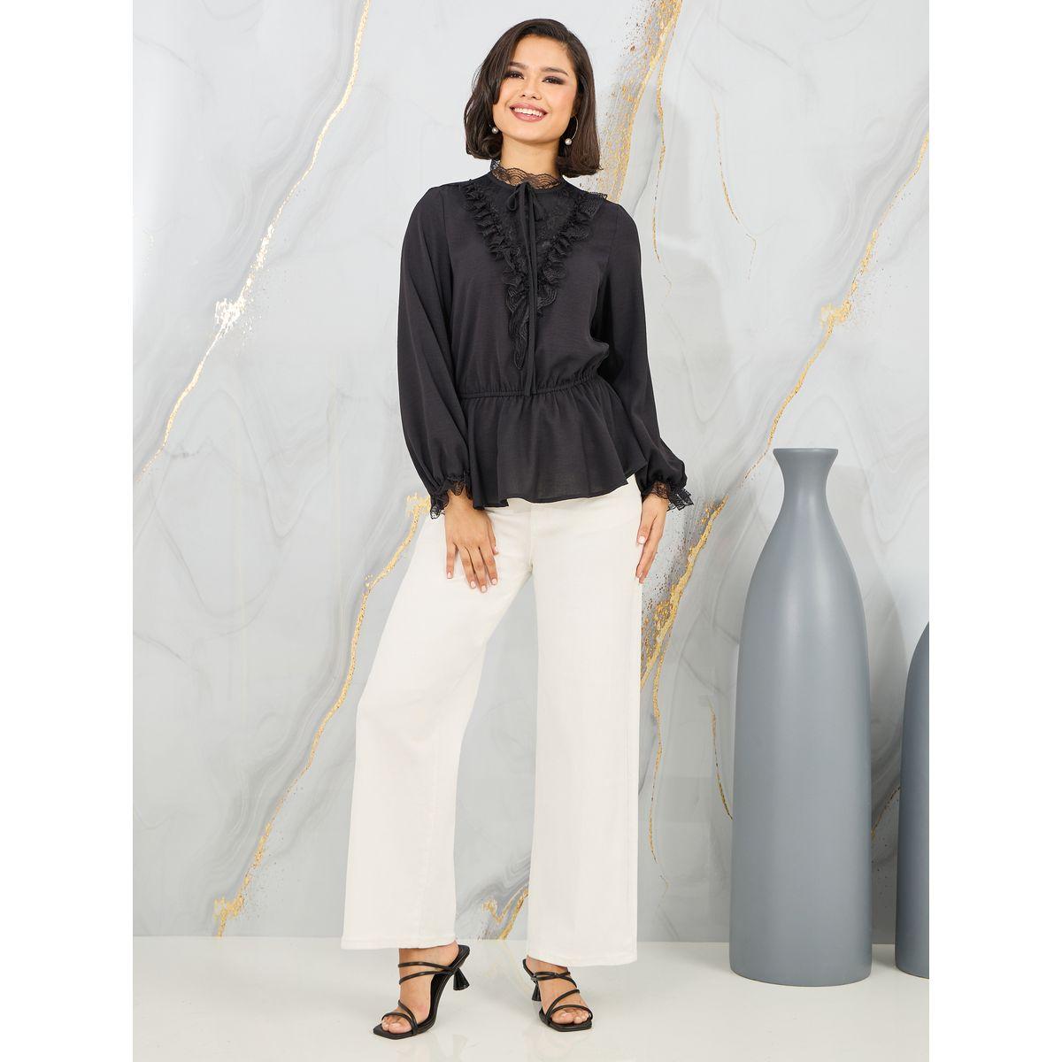 Styli Lace Trim High Neck Ruffle Detail Blouse-women-clothing-shirtsandblouses-blouses-image-2