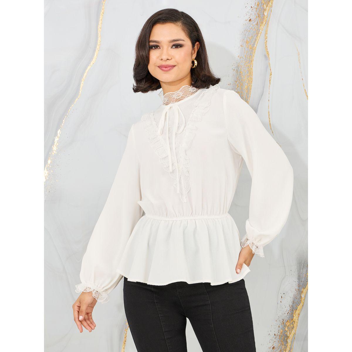 Styli Lace Trim High Neck Ruffle Detail Blouse-women-clothing-shirtsandblouses-blouses-image-1
