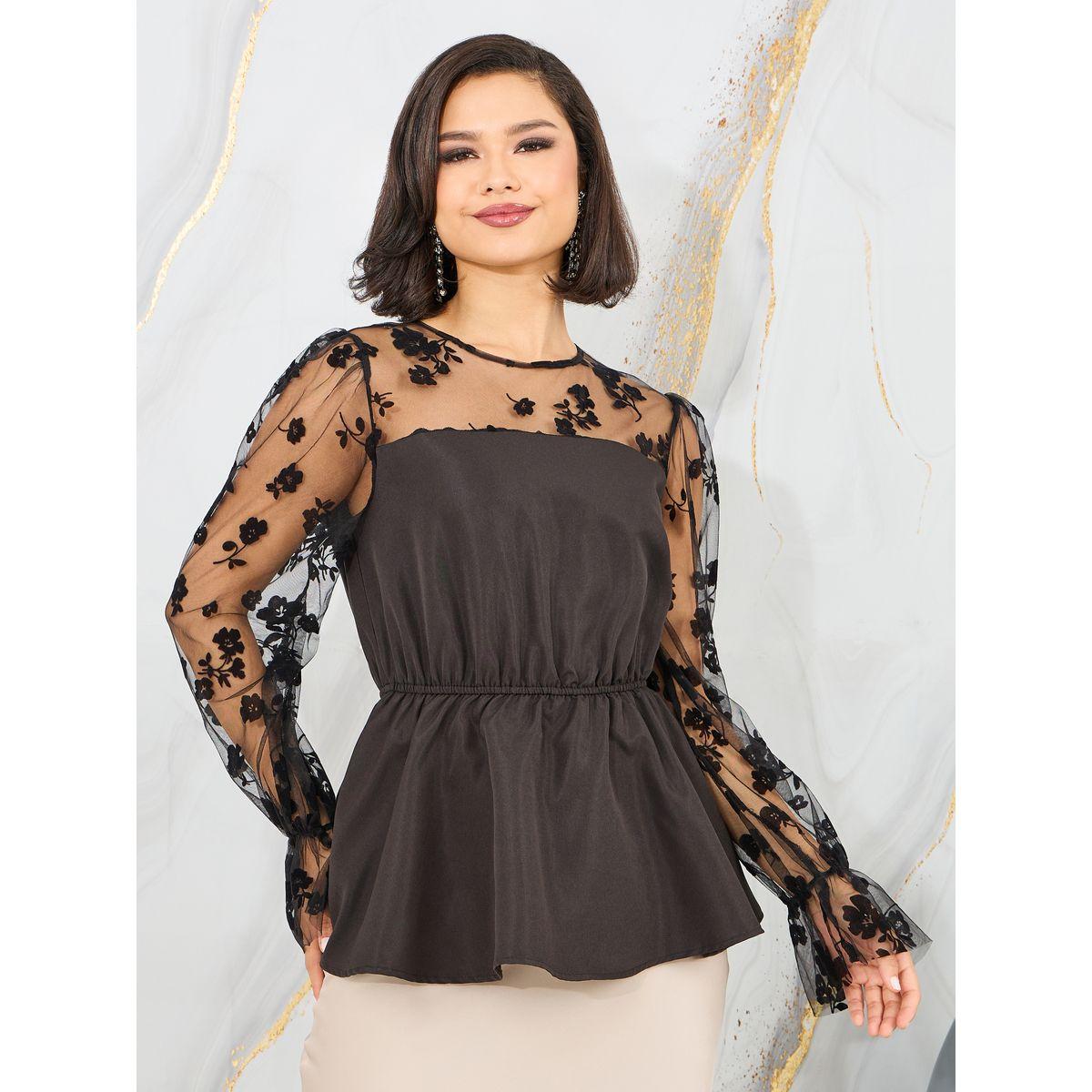 Styli Floral Mesh Insert Peplum Top-women-clothing-shirtsandblouses-blouses-image-1