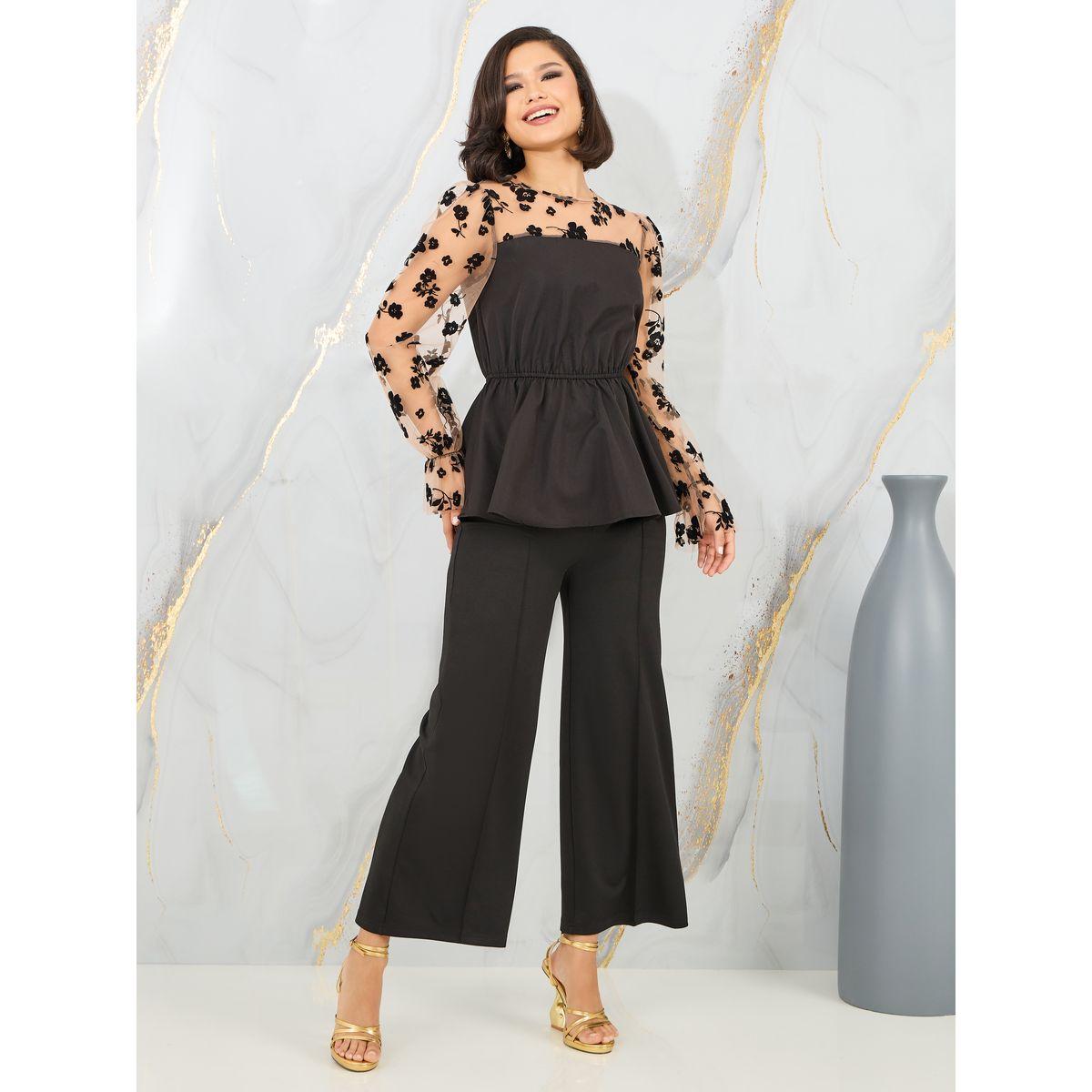 Styli Floral Velvet Texture Mesh Sleeves Peplum Top-women-clothing-shirtsandblouses-blouses-image-2