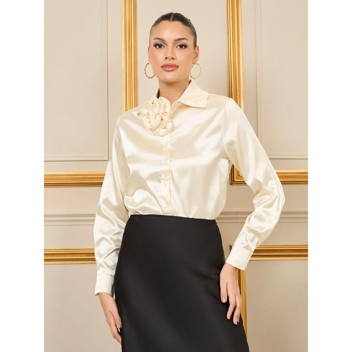 Styli Satin Corsage Detail Neck Regular Fit Blouse-women-clothing-shirtsandblouses-blouses-image-1