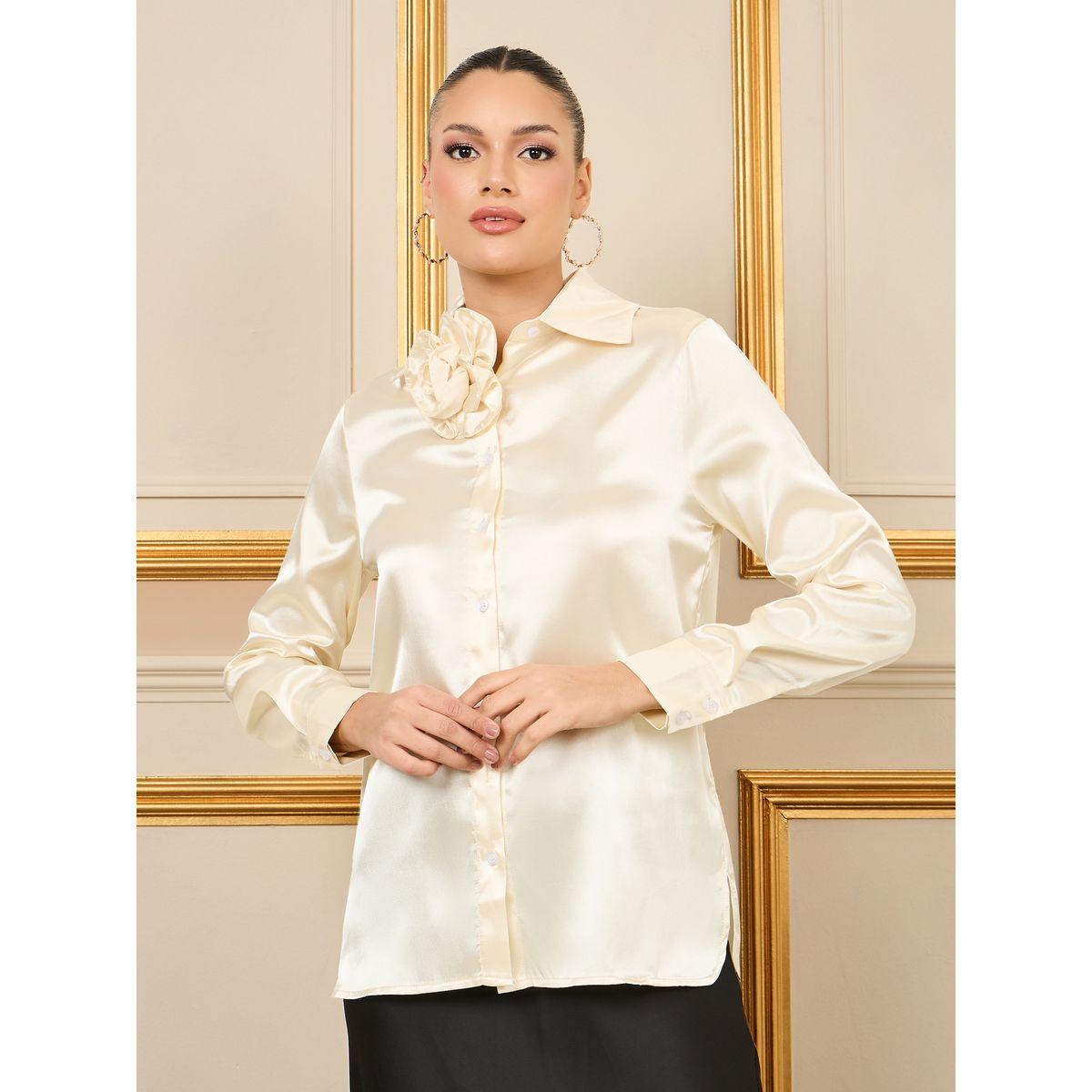 Styli Satin Corsage Detail Neck Regular Fit Blouse-women-clothing-shirtsandblouses-blouses-image-2