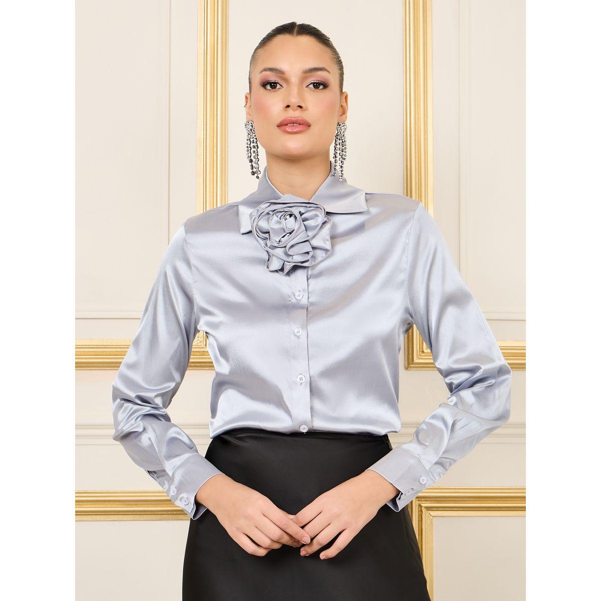 Styli Satin Corsage Detail Neck Regular Fit Blouse-women-clothing-shirtsandblouses-blouses-image-1