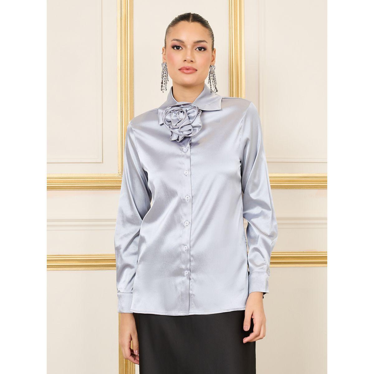 Styli Satin Corsage Detail Neck Regular Fit Blouse-women-clothing-shirtsandblouses-blouses-image-2