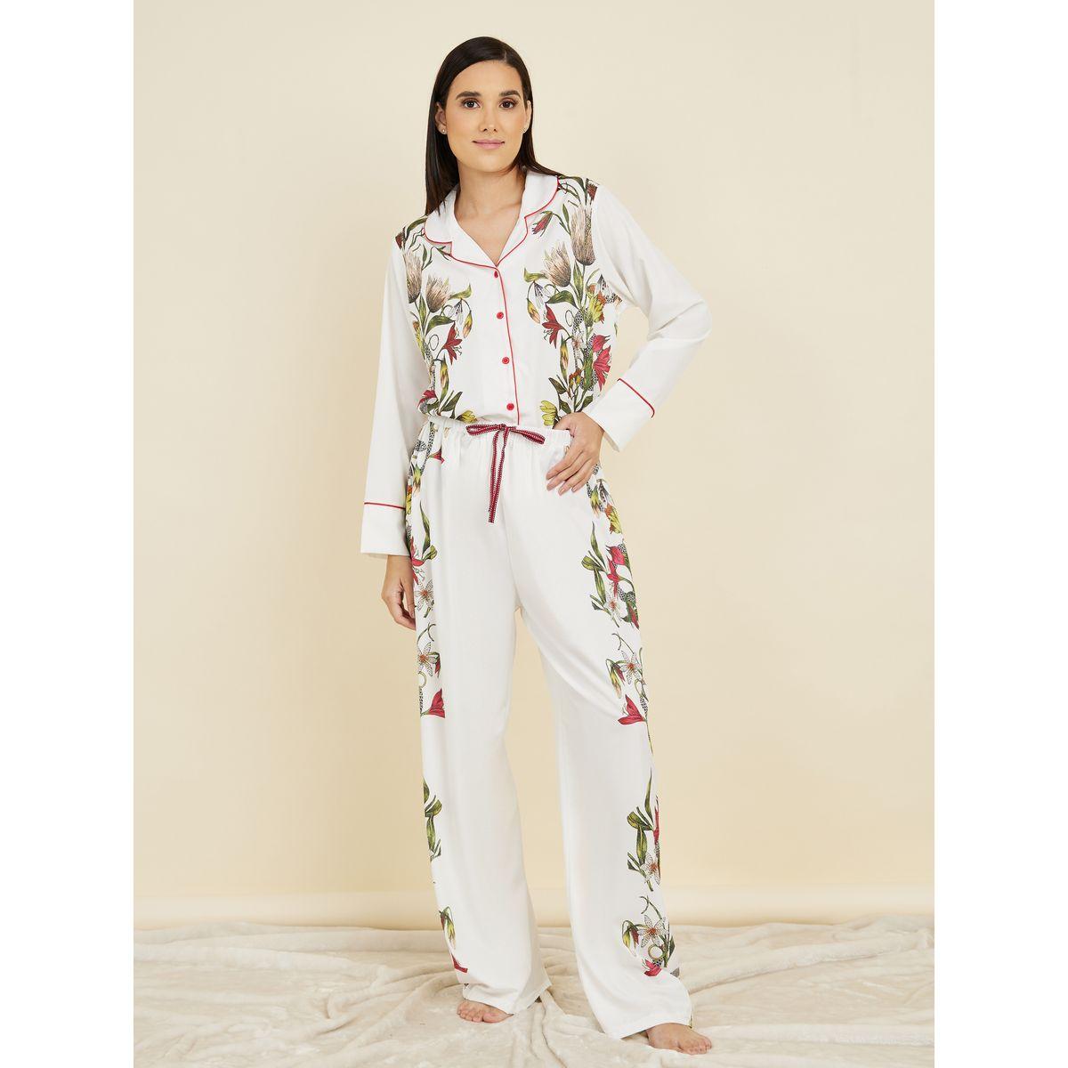 طقم من بنطال بيجاما مع بلوزة ساتان بطبعة زهور-women-clothing-nightwear-pyjamas-longsets-image-1